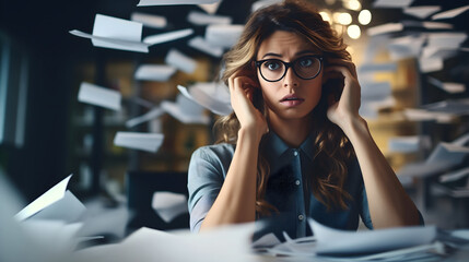 Stressed out young beautiful businesswoman sitting in modern office interior, holding her hands on the head, table full of paperwork documents. Frustrated female employee panicking, having anxiety