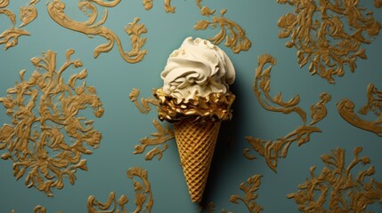  an ice cream cone with white icing on a blue background with gold leafy wallpaper and a blue background with gold leafy wall paper with a gold ornament.