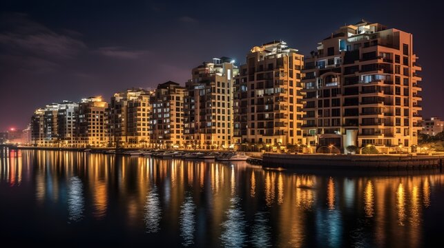 An apartment complex near the bay at night full of light and reflection on the water.