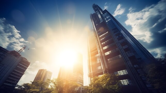 City Brilliance, Sunlit Urban Skyline, Majestic Glass Skyscraper Gracing the Horizon, Blue Sky Harmony in a Tranquil Metropolis.