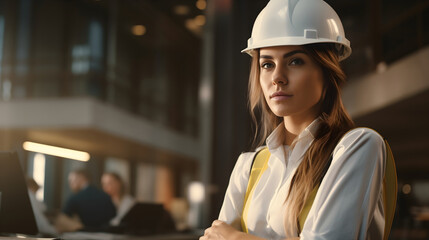 Beautiful young female construction worker or engineer wearing a helmet, standing on a construction site. Pretty architect girl smiling and looking at the camera. Industrial safety,building inspection