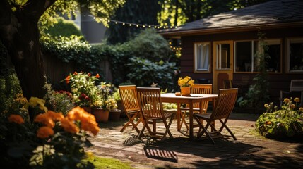 Backyard garden terrace wooden table and chair full of flowers and green with warm light.