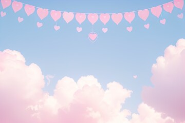 A sky background with pink clouds and hearts