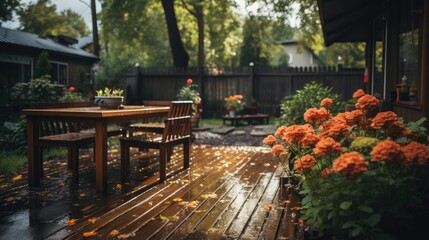 Serene post rain scene with wooden patio, rain kissed, lush flora, tranquil ambiance, embraced by soft light in a tended garden. Backyard home a place to relax, gather, and sit. - obrazy, fototapety, plakaty