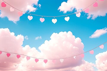 A sky background with pink heart garlands