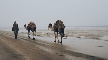 Solitary Nomad Leading Camels on a Misty Morning Trek Across the Vast Riverbed of the Saharan Outskirts, Experiencing the Timeless Journey of Traditional Caravans