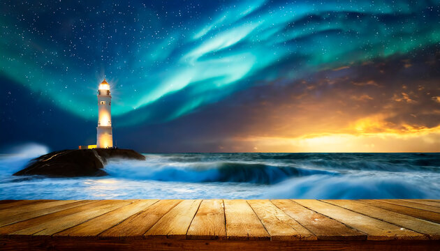 Empty wooden tabletop against sunset background over stormy sea