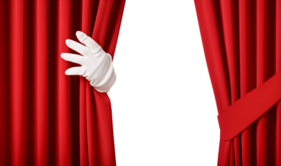 Close-up of hand in a white glove pulling curtain away isolated on a white  transparent background, png. hand open red velvet curtain to stage	