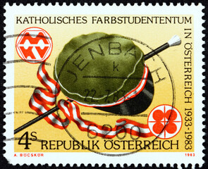 Postage stamp Austria 1983 Bummler cap, ribbon and badges, 50 years Catholic Colour Students in Austria