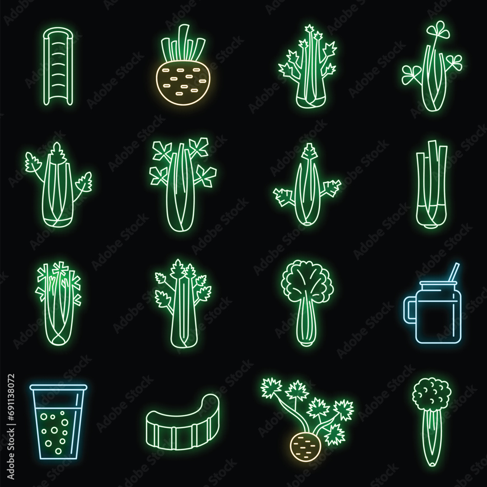 Poster celery salad icons set. outline set of celery salad vector icons neon color on black