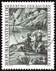 Postage stamp Austria 1976 Siege of Linz, 17th century etching, Uprising of the Peasants in Upper Austria 1626, 350th anniversary