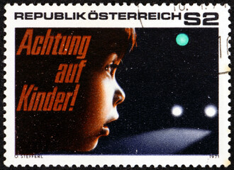 Postage stamp Austria 1971 child, traffic light and car headlights, Watch Out for Children, traffic safety