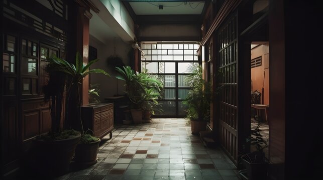 A classic asian old home with some indoor plant and woody architecture.