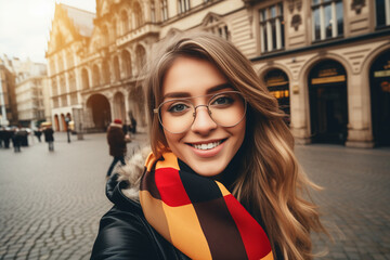Selfie portrait. Traveler girl in glasses in the street of Cologne, Germany. Young backpacker tourist in solo travel. Vacation, happy winter holiday, trip - obrazy, fototapety, plakaty