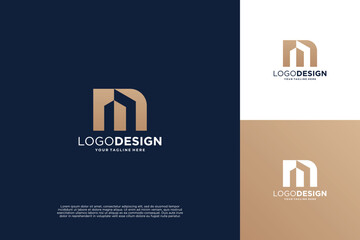 Letter M building logo design. letter M with real estate symbol. - obrazy, fototapety, plakaty