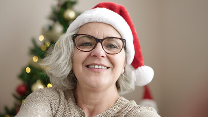 Middle age woman with grey hair make selfie standing by christmas tree at home