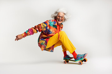 Mature funny older woman with wrinkled face in colorful clothes on skateboard isolated in white background, An energetic happy grandmother on skateboard, playful funky poses of an adult woman skating
