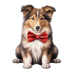 Shetland Sheepdog wearing red bow tie, isolated on transparent background