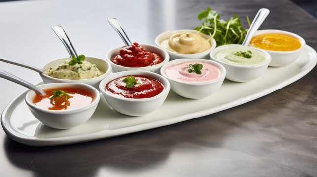 a variety of dips and sauces on a white platter with spoons and garnishes on a gray table top of a white table with a silver surface.