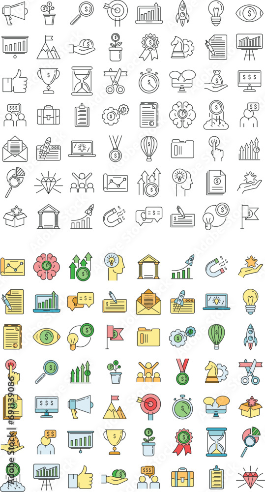 Poster startup icons set. outline set of startup vector icons thin line color flat on white