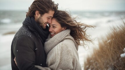 Embraced by the winter's chill, a happy couple stands on the serene beach, holding each other close.