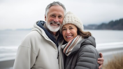 Embraced by the winter's chill, a happy senior couple stands on the serene beach, holding each other close.