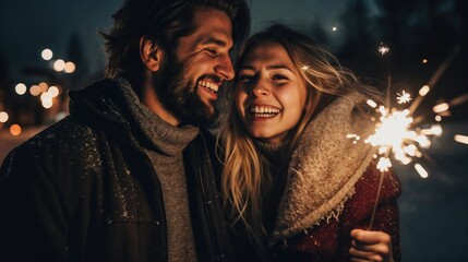A couple smiling stands hand in hand, surrounded by the enchanting glow of sparklers illuminating the darkness.