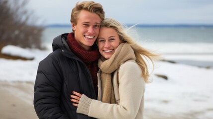 Embraced by the winter's chill, a happy couple stands on the serene beach, holding each other close.