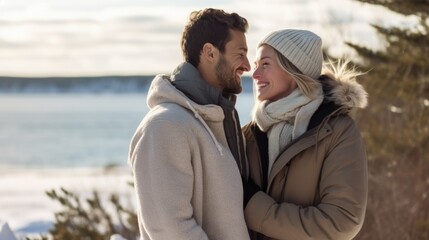 Embraced by the winter's chill, a happy couple stands on the serene beach, holding each other close.