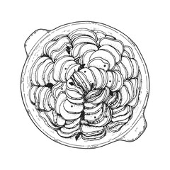 Baked potatoes chips on a plate sketch. Hand drawn vector illustration. Top view.