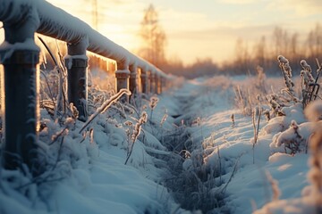 Frozen gas pipes in extremely cold winter weather, causing potential disruptions in heating supply - obrazy, fototapety, plakaty