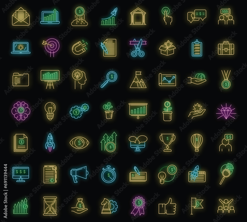 Aufkleber startup icons set. outline set of startup vector icons neon color on black