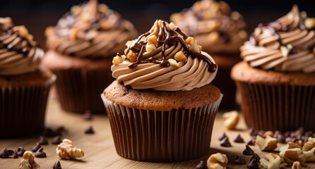 cupcakes with chocolate chip frosting and walnuts