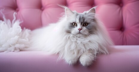 cute fluffy cat laying down and looking at the camera