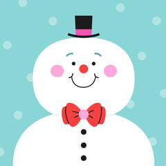 Cute cartoon snowman with a hat and red bow tie. - 691139451