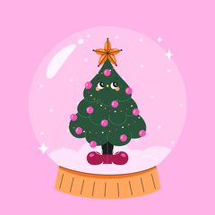 Glass snowball with a cute cartoon Christmas Tree. - 691139453