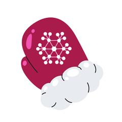Burgundy adorable cartoon mitten with a snowflake. - 691139454