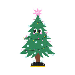 Cute cartoon Christmas Tree with a star and other decorations - 691139467