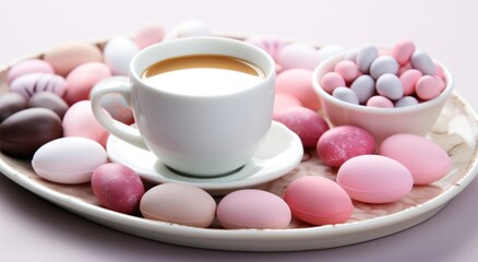 Obraz na płótnie Canvas easter egg chocolates and a cup of coffee