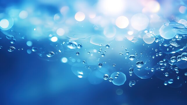 Water drops or oil bubbles on blue background. Droplets panorama picture