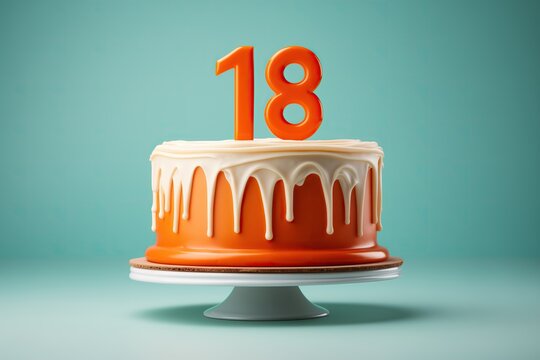 Birthday orange cake on a 18 years decorated with topper number eighteen, white glaze.