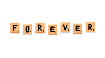 Forever word phrase. Wooden tiles lettering. Square block saying with letters. Game asset, puzzle or crossword games, vector quote illustration.
