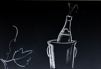 Chalk drawing of a bottle of sparkling wine in a bucket with wine leaf decoration on a blackboard...