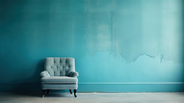  a chair sitting in front of a blue wall with a paint chipping off of the back of the chair and a paint chipping off of the wall behind it.