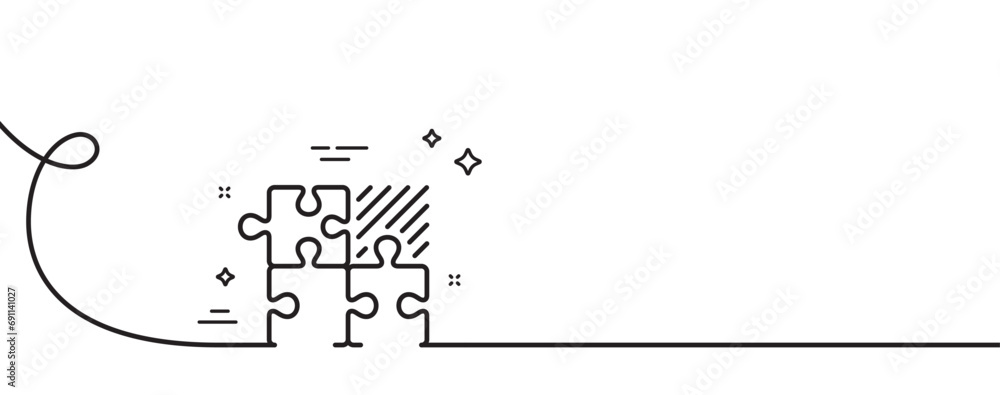 Poster puzzle game line icon. continuous one line with curl. decide jigsaw sign. business strategy combinat