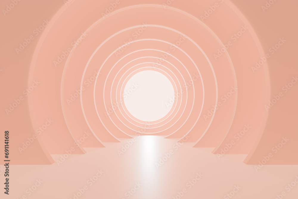Poster round peach tunnel with light at the end. abstract circles. 3d rendering