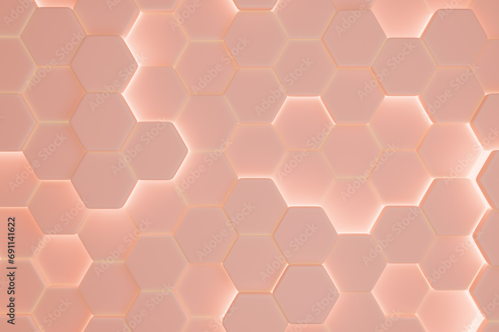 Poster luxury abstract hexagonal peach background with golden glow. 3d rendering