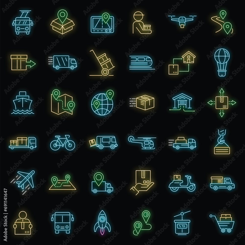 Poster relocation icons set. outline set of relocation vector icons neon color on black