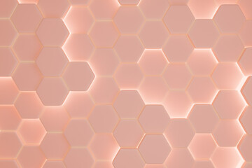 Luxury abstract hexagonal peach background with golden glow. 3d rendering