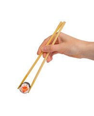 Taking salmon maki roll with chopsticks in hand isolated on white background png